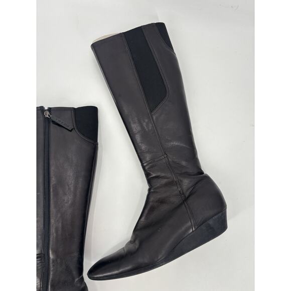 Prada Boots Womens 39 Black Leather Knee High Zip Up Wedge Elastic Nylon Panel - Picture 3 of 14